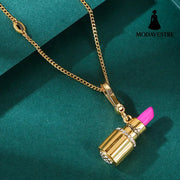 Enamel glazed diamond studded metal letters Barbie pink lipstick rotatable pendant necklace