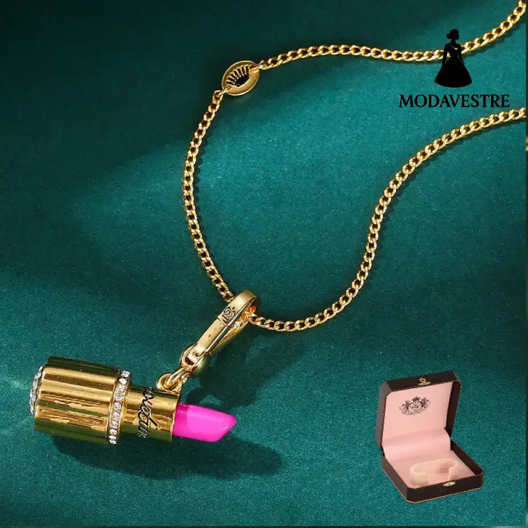Enamel glazed diamond studded metal letters Barbie pink lipstick rotatable pendant necklace Pendant + Bare Chain [box