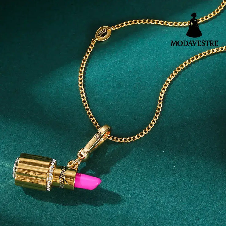 Enamel glazed diamond studded metal letters Barbie pink lipstick rotatable pendant necklace Pendant + Bare Chain [No