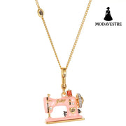 Enamel Three Dimensional Butterfly Knot Pink Sewing Machine Pendant Necklace