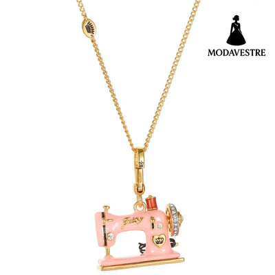 Enamel Three Dimensional Butterfly Knot Pink Sewing Machine Pendant Necklace