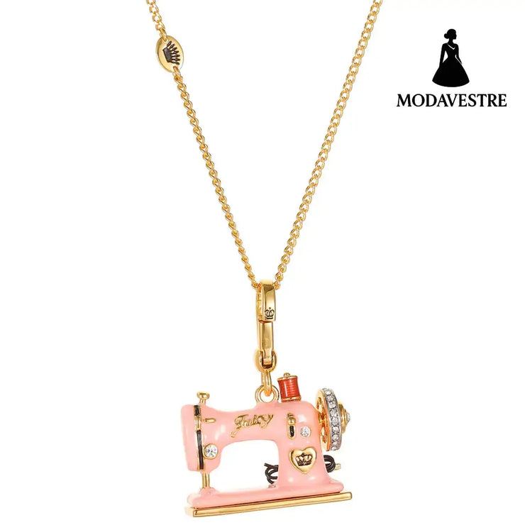 Enamel Three Dimensional Butterfly Knot Pink Sewing Machine Pendant Necklace