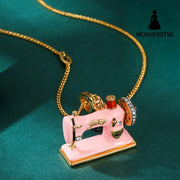 Enamel Three Dimensional Butterfly Knot Pink Sewing Machine Pendant Necklace