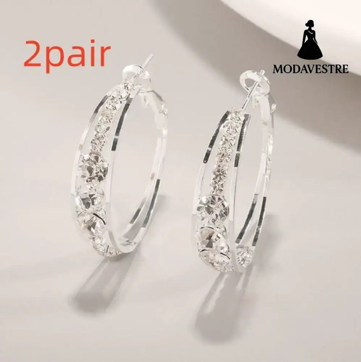 European And American Air Drill Mosaic Women’s Earrings Silver 2pair