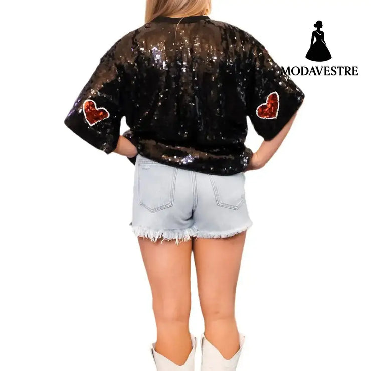 European And American Round Neck Sequins Shirt Christmas Heavy Industry Sequin Half Sleeve T-shirt