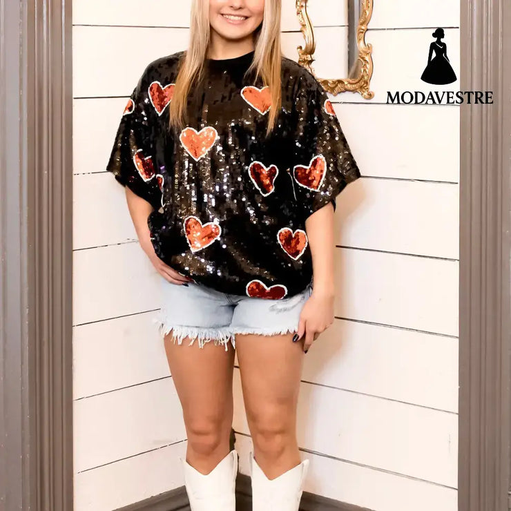 European And American Round Neck Sequins Shirt Christmas Heavy Industry Sequin Half Sleeve T-shirt