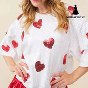 European And American Round Neck Sequins Shirt Christmas Heavy Industry Sequin Half Sleeve T-shirt White / L