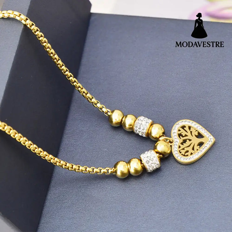 European and American Style Titanium Steel Heart Tree of Life Rhinestone Necklace for Women Simple Love Charm Jewelry