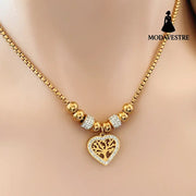 European and American Style Titanium Steel Heart Tree of Life Rhinestone Necklace for Women Simple Love Charm Jewelry