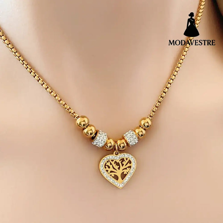 European and American Style Titanium Steel Heart Tree of Life Rhinestone Necklace for Women Simple Love Charm Jewelry