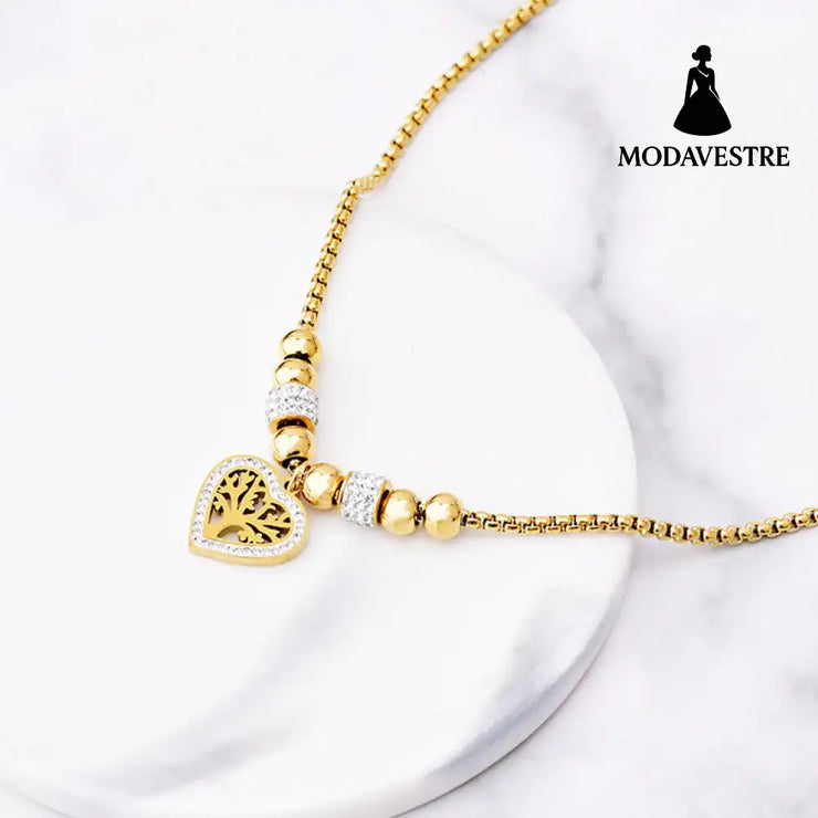 European and American Style Titanium Steel Heart Tree of Life Rhinestone Necklace for Women Simple Love Charm Jewelry