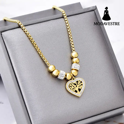 European and American Style Titanium Steel Heart Tree of Life Rhinestone Necklace for Women Simple Love Charm Jewelry