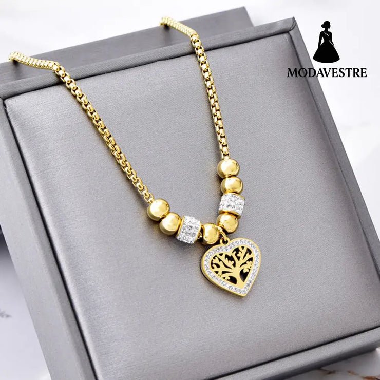 European and American Style Titanium Steel Heart Tree of Life Rhinestone Necklace for Women Simple Love Charm Jewelry