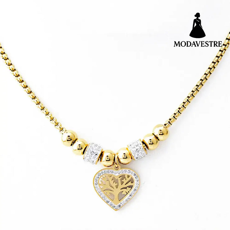 European and American Style Titanium Steel Heart Tree of Life Rhinestone Necklace for Women Simple Love Charm Jewelry