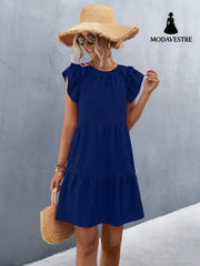 European And American Women’s Clothing Solid Color Dress Women Blue / L