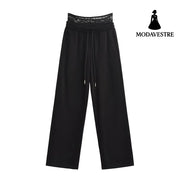 Fake two lace waist spliced straight leg sweatpants for women Black / S