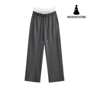 Fake two lace waist spliced straight leg sweatpants for women Carbon Gray / S