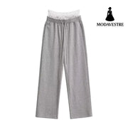 Fake two lace waist spliced straight leg sweatpants for women Light Gray / S