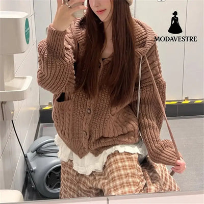 Fall Winter Hooded Knitwear Coat For Women Thickened Single-breasted Knitwear Top For Women