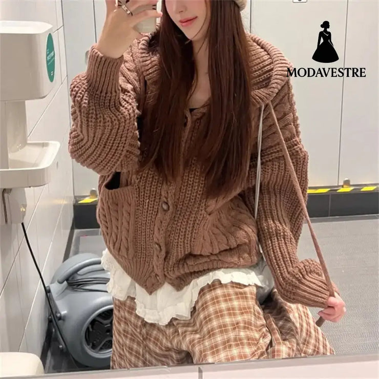 Fall Winter Hooded Knitwear Coat For Women Thickened Single-breasted Knitwear Top For Women