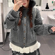 Fall Winter Hooded Knitwear Coat For Women Thickened Single-breasted Knitwear Top For Women