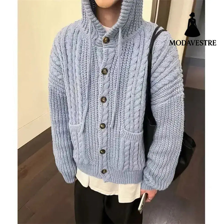 Fall Winter Hooded Knitwear Coat For Women Thickened Single-breasted Knitwear Top For Women Blue / Average Size