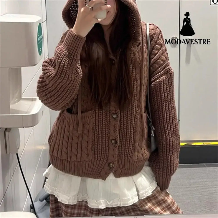 Fall Winter Hooded Knitwear Coat For Women Thickened Single-breasted Knitwear Top For Women Caramel / Average Size