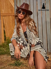 Fashion Bikini Sun Protection Clothing For Women Black Net White Line / Free Size