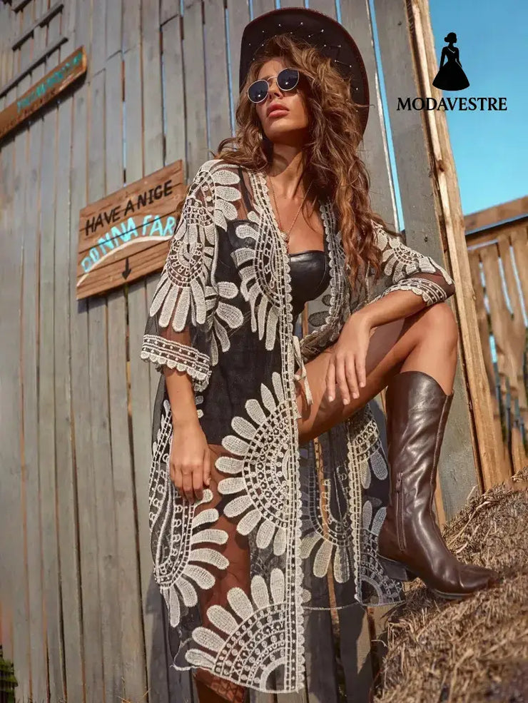 Fashion Bikini Sun Protection Clothing For Women Black Net White Line / Free Size