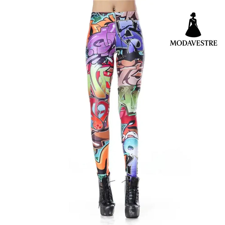 Fashion Colorful Comic Doodles Printed Leggings - MODAVESTRE