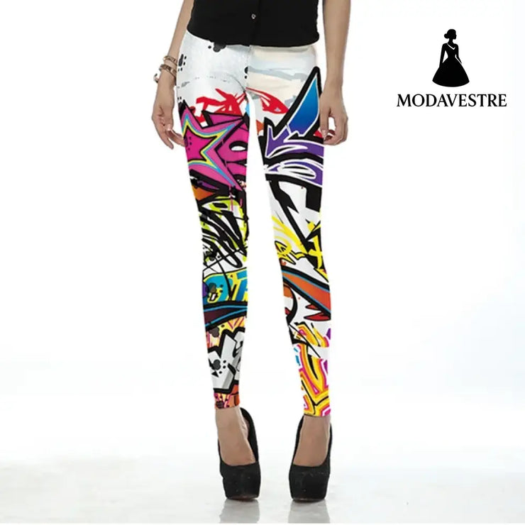 Fashion Colorful Comic Doodles Printed Leggings - MODAVESTRE