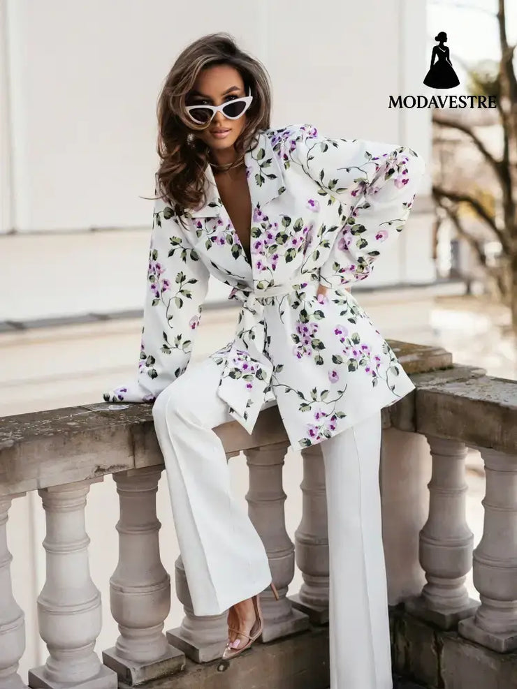 Fashion Commuter Lace Printing Long Sleeve Mid-length Women’s Coat Color / L Coat