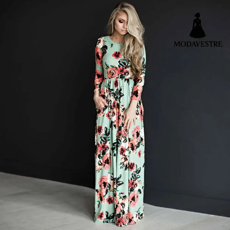 Fashion Dresses Women Printed Party Gown Ladies Light Green / 2XL