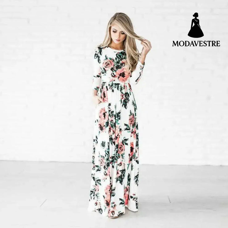 Fashion Dresses Women Printed Party Gown Ladies White / 2XL