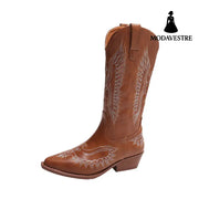 Fashion Embroidery Western Cowboy Boot Women Pointed Mid-calf