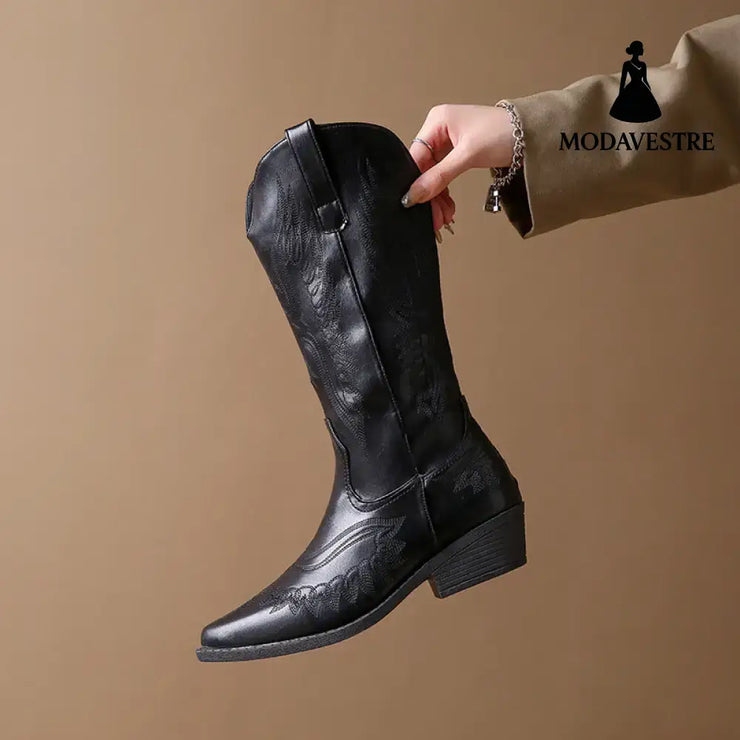 Fashion Embroidery Western Cowboy Boot Women Pointed Mid-calf