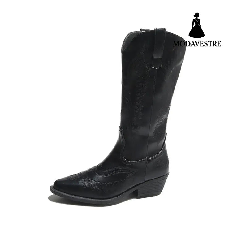 Fashion Embroidery Western Cowboy Boot Women Pointed Mid-calf Black / 35
