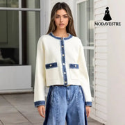 Fashion Fur Denim Color Contrast Short Coat Blue White Contrast / L Coat