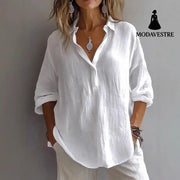 Fashion Long-sleeved Lapel Pullover Shirt Casual Loose Solid Color T-shirt Tops Women’s Clothing White / 4XL