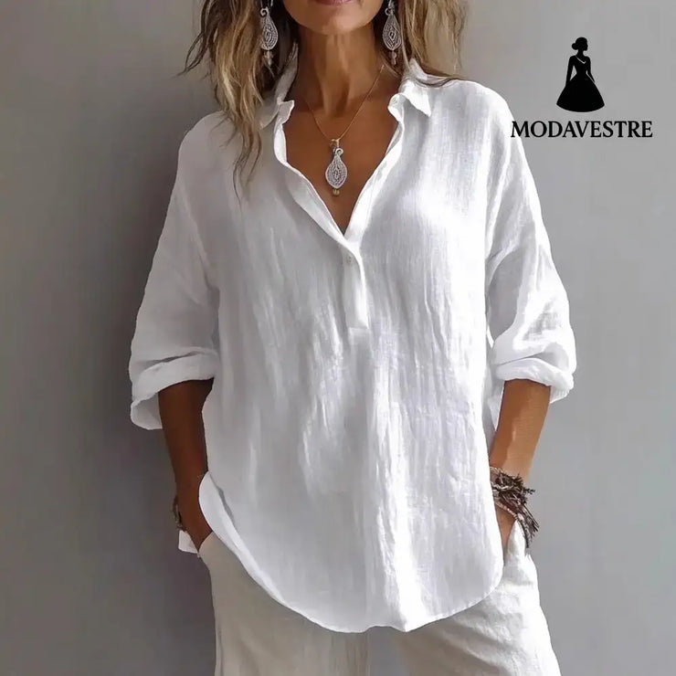 Fashion Long-sleeved Lapel Pullover Shirt Casual Loose Solid Color T-shirt Tops Women’s Clothing White / 4XL