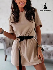 Fashion Loose Belts Ladies Dress Women Short Sleeves Shirt Khaki / 2XL
