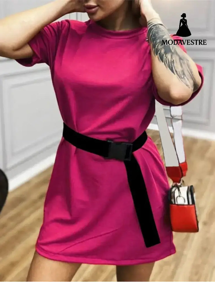 Fashion Loose Belts Ladies Dress Women Short Sleeves Shirt Rose Red / 2XL
