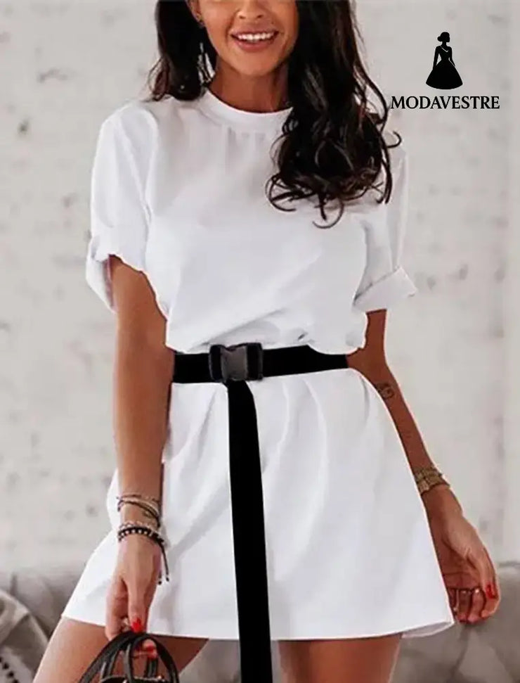 Fashion Loose Belts Ladies Dress Women Short Sleeves Shirt White / 2XL