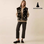 Fashion Polo Collar Flower Print Lamb Wool Vest