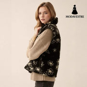 Fashion Polo Collar Flower Print Lamb Wool Vest