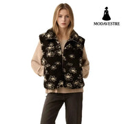 Fashion Polo Collar Flower Print Lamb Wool Vest
