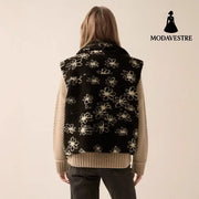 Fashion Polo Collar Flower Print Lamb Wool Vest