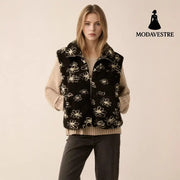 Fashion Polo Collar Flower Print Lamb Wool Vest Black / L