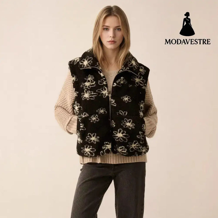 Fashion Polo Collar Flower Print Lamb Wool Vest Black / L