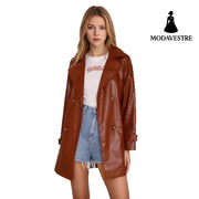 Fashion Slim Mid-length Women’s Leather Coat Coat